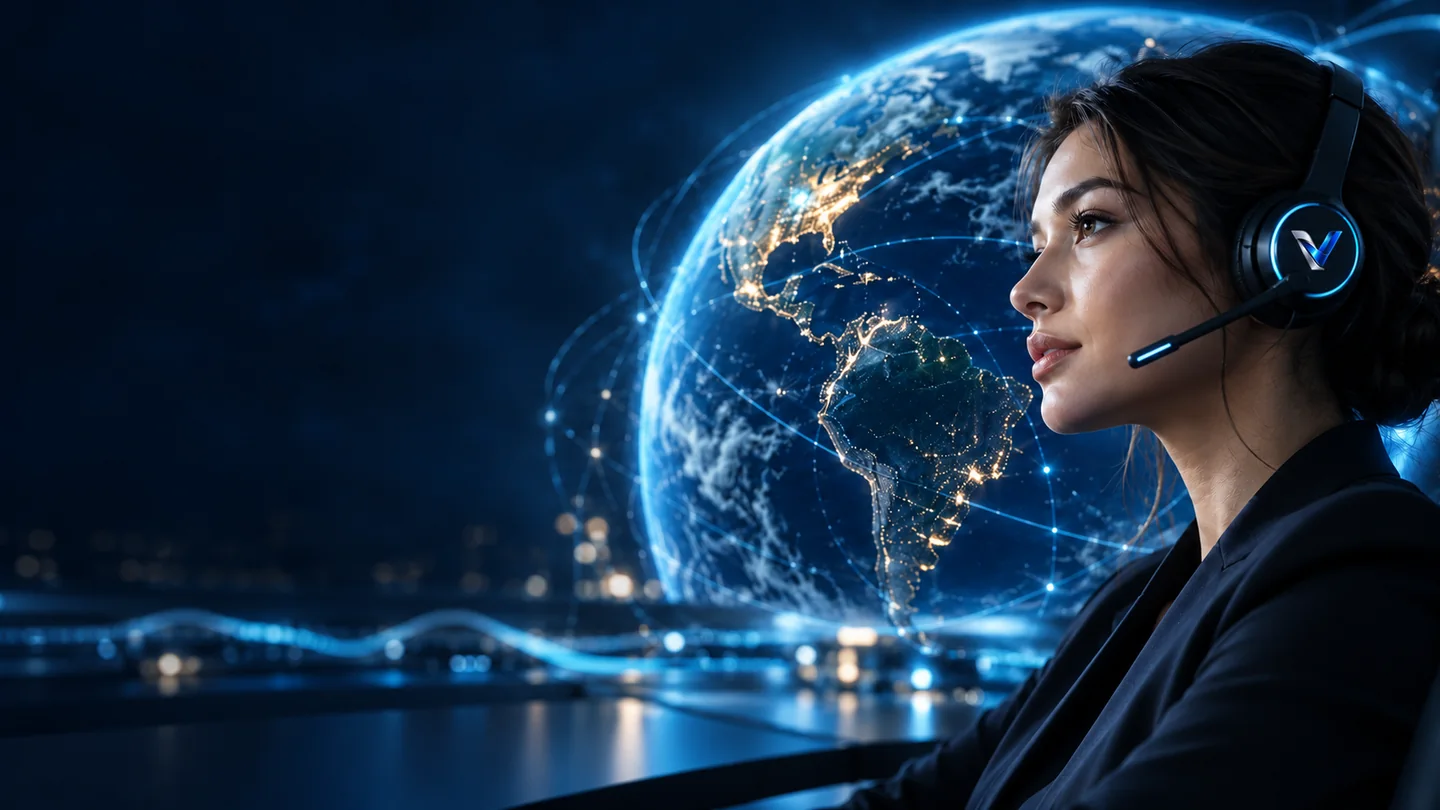 Agente vocale IA de profil, avec casque, devant un globe numérique éclairé en bleu